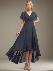 A-line V-Neck Asymmetrical Lace Chiffon Mother of the Bride Dress With Pleated