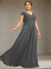 A-line V-Neck Floor-Length Chiffon Lace Mother of the Bride Dress With Sequins Beading Pleated