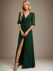 A-line V-Neck Floor-Length Chiffon Evening Dress With Pleated