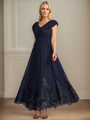 A-line V-Neck Ankle-Length Chiffon Mother of the Bride Dress With Bow Sequins Appliques Lace