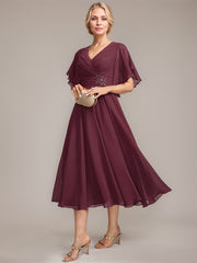 A-line V-Neck Tea-Length Chiffon Mother of the Bride Dress With Pleated Beading