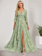 A-line V-Neck Floor-Length Chiffon Mother of the Bride Dress With Cascading Ruffles