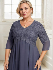 A-line V-Neck Tea-Length Chiffon Lace Mother of the Bride Dress With Beading