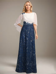 A-line Scoop Floor-Length Lace Sequin Chiffon Mother of the Bride Dress With Pleated
