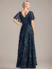 A-line V-Neck Floor-Length Lace Sequin Chiffon Mother of the Bride Dress With Pleated
