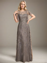 A-line Illusion Scoop Floor-Length Lace Mother of the Bride Dress With Sequins