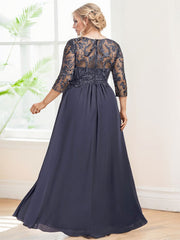 A-line Boat Neck Illusion Floor-Length Chiffon Lace Mother of the Bride Dress With Sequins Beading