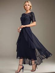 A-line Scoop Illusion Asymmetrical Lace Chiffon Mother of the Bride Dress
