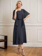 A-line Scoop Tea-Length Lace Chiffon Mother of the Bride Dress With Sequins