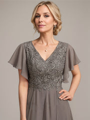 A-line V-Neck Ankle-Length Lace Chiffon Mother of the Bride Dress With Cascading Ruffles