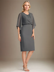 Sheath/Column V-Neck Knee-Length Lace Chiffon Mother of the Bride Dress With Sequins