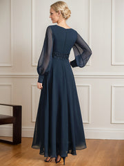 A-line V-Neck Ankle-Length Chiffon Mother of the Bride Dress With Cascading Ruffles Beading Sequins