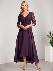 A-line V-Neck Asymmetrical Chiffon Lace Mother of the Bride Dress With Pleated Beading