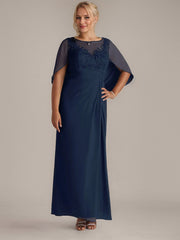 A-Line Floor-Length Boat-Neck Lace Capelet Chiffon Mother of the Bride Dress