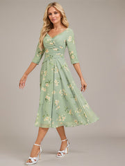 A-line V-Neck Tea-Length Chiffon Mother of the Bride Dress With Pleated