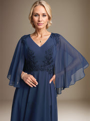 A-line V-Neck Tea-Length Chiffon Lace Mother of the Bride Dress With Sequins Beading