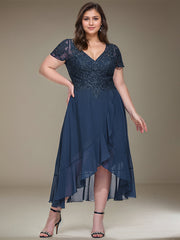 A-line V-Neck Asymmetrical Lace Chiffon Mother of the Bride Dress