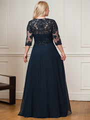 A-line Scoop Floor-Length Lace Chiffon Mother of the Bride Dress With Cascading Ruffles Sequins