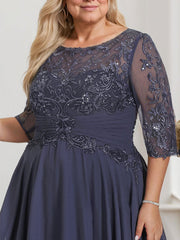 A-line Scoop Illusion Floor-Length Lace Chiffon Mother of the Bride Dress With Pleated Sequins