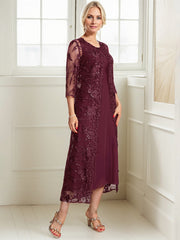 A-line Scoop Tea-Length Lace Chiffon Mother of the Bride Dress