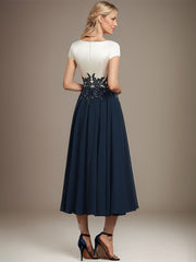 A-line V-Neck Tea-Length Satin Chiffon Mother of the Bride Dress With Appliques Lace