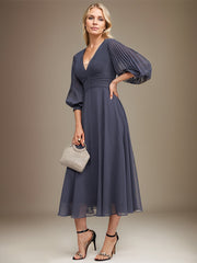 A-line V-Neck Tea-Length Chiffon Mother of the Bride Dress With Pleated