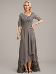 A-line Asymmetrical Asymmetrical Lace Chiffon Mother of the Bride Dress With Pleated Sequins