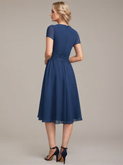 A-line V-Neck Knee-Length Chiffon Lace Mother of the Bride Dress With Pleated Beading Sequins