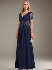 A-line V-Neck Floor-Length Chiffon Mother of the Bride Dress With Appliques Lace