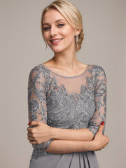 A-line Scoop Illusion Floor-Length Chiffon Lace Mother of the Bride Dress With Beading Sequins Cascading Ruffles