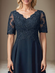 A-line V-Neck Asymmetrical Lace Chiffon Mother of the Bride Dress With Sequins