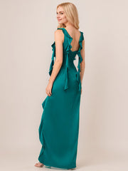 A-Line V-Neck Floor-Length Satin Evening Dress