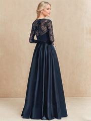 A-line Scoop Illusion Floor-Length Satin Lace Evening Dress With Sequins