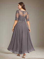 A-line Illusion Boat Neck Asymmetrical Chiffon Lace Mother of the Bride Dress With Sequins Beading
