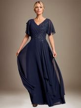 A-line V-Neck Floor-Length Lace Chiffon Mother of the Bride Dress With Cascading Ruffles Sequins