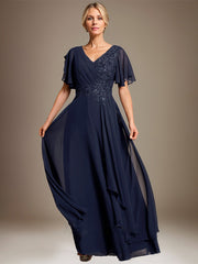A-line V-Neck Floor-Length Lace Chiffon Mother of the Bride Dress With Cascading Ruffles Sequins