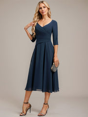 A-line V-Neck Tea-Length Chiffon Mother of the Bride Dress With Pleated