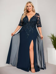 Sheath/Column V-Neck Floor-Length Lace Chiffon Mother of the Bride Dress With Sequins