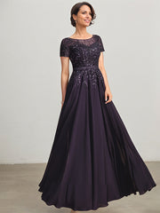 A-line Illusion Scoop Floor-Length Lace Chiffon Mother of the Bride Dress With Sequins
