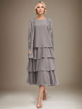 A-line Scoop Tea-Length Chiffon Mother of the Bride Dress With Cascading Ruffles