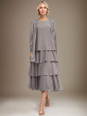 A-line Scoop Tea-Length Chiffon Mother of the Bride Dress With Cascading Ruffles