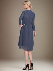 Sheath/Column Sweetheart Knee-Length Chiffon Mother of the Bride Dress With Beading Appliques Lace Sequins Pleated