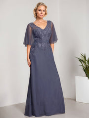 A-line V-Neck Floor-Length Lace Chiffon Mother of the Bride Dress With Sequins Beading