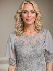 A-line Scoop Illusion Asymmetrical Chiffon Lace Mother of the Bride Dress With Beading