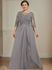 A-line Scoop Illusion Floor-Length Chiffon Lace Mother of the Bride Dress With Beading Sequins Cascading Ruffles