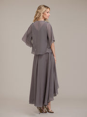 A-line V-Neck Asymmetrical Chiffon Mother of the Bride Dress With Beading Sequins