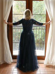 A-line V-Neck Floor-Length Tulle Lace Mother of the Bride Dress With Sequins