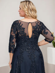 A-line Scoop Illusion Floor-Length Tulle Lace Mother of the Bride Dress With Sequins