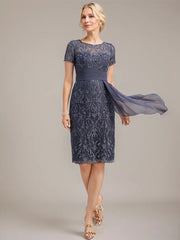 Sheath/Column Scoop Illusion Knee-Length Lace Chiffon Mother of the Bride Dress With Cascading Ruffles Sequins