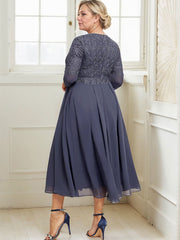 A-line V-Neck Tea-Length Chiffon Lace Mother of the Bride Dress With Beading